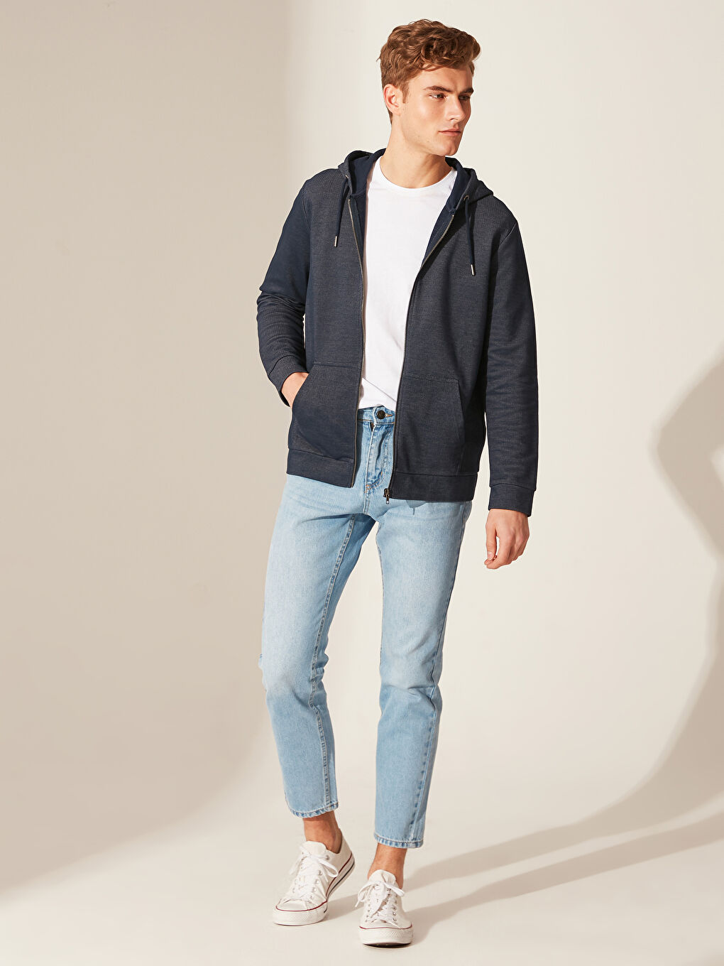 Lacivert Kapüşonlu Uzun Kollu Erkek Fermuarlı Sweatshirt-1