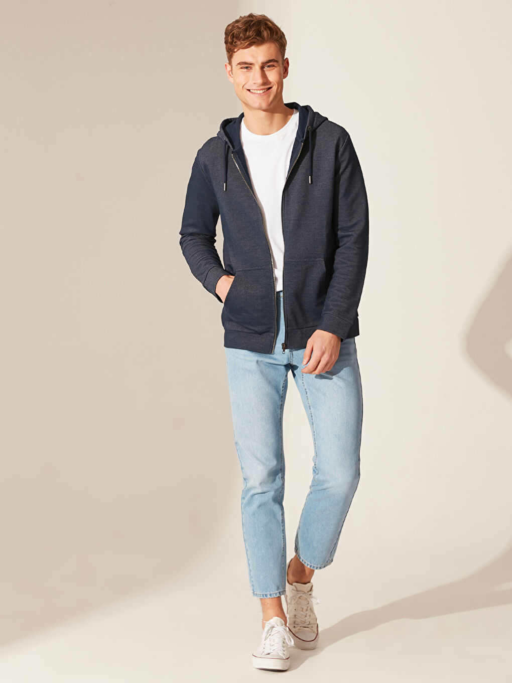 Lacivert Kapüşonlu Uzun Kollu Erkek Fermuarlı Sweatshirt-2