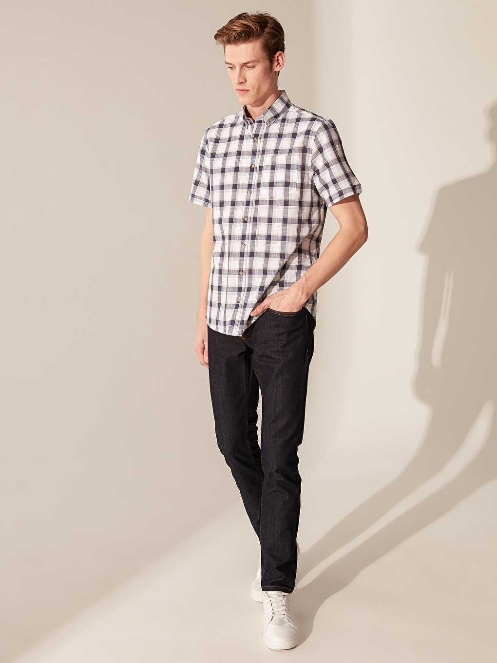 Regular Fit Short Sleeve Chequered Poplin Shirt-1