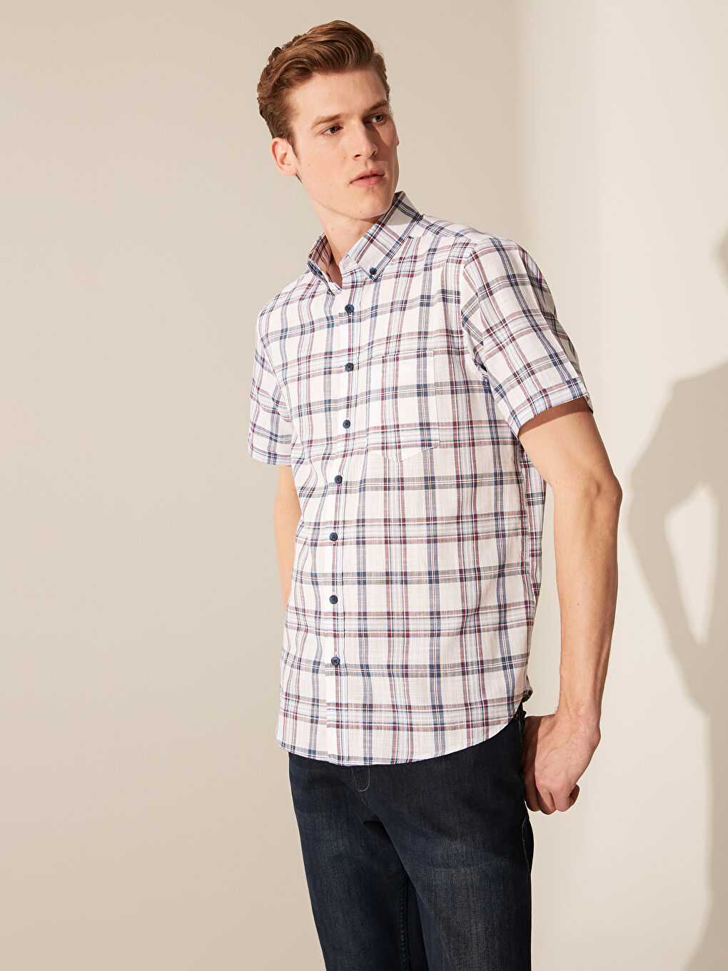 Стандартная посадка Рубашка с коротким рукавом из поплина в клетку-1