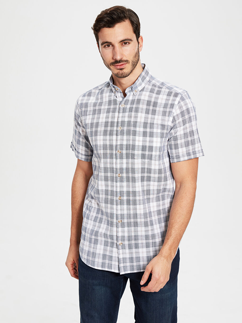 Lacivert Regular Fit Ekose Kısa Kollu Gömlek