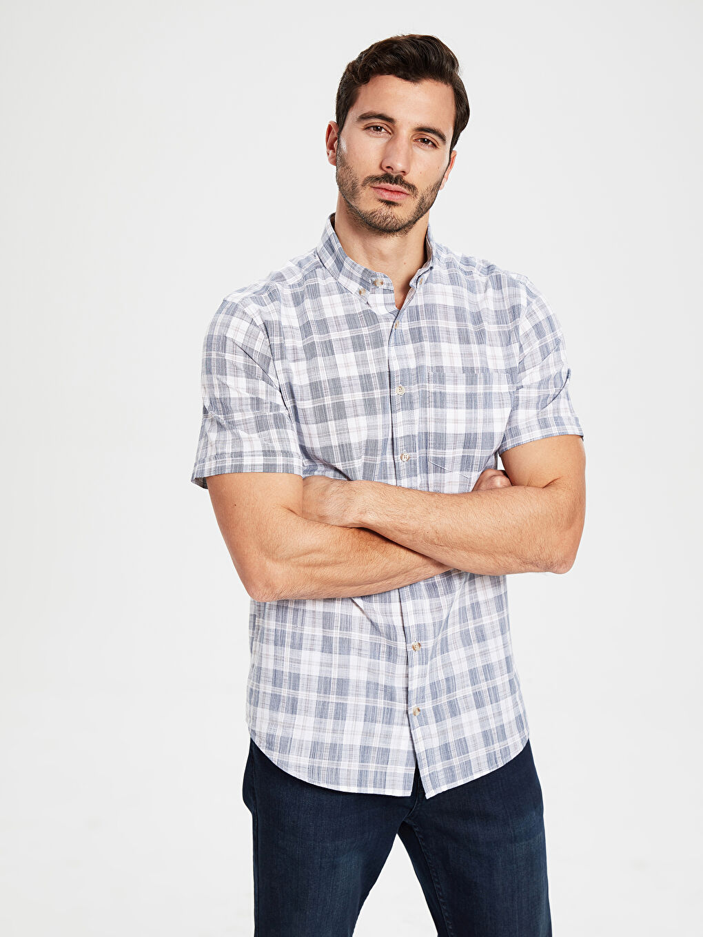 Lacivert Regular Fit Ekose Kısa Kollu Gömlek-1