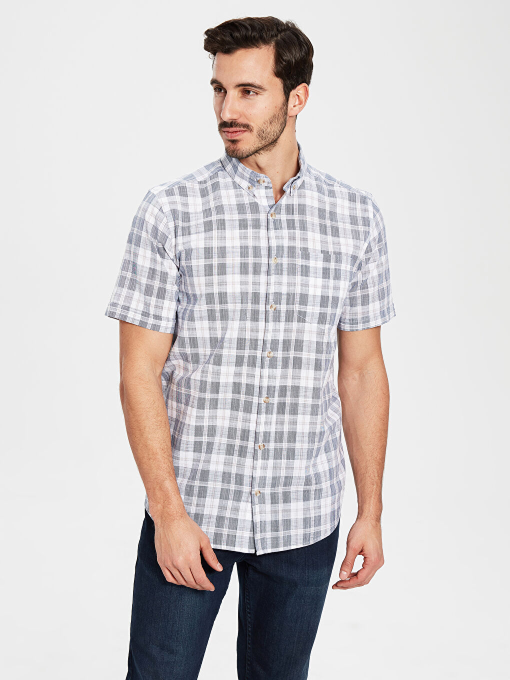 Lacivert Regular Fit Ekose Kısa Kollu Gömlek-2