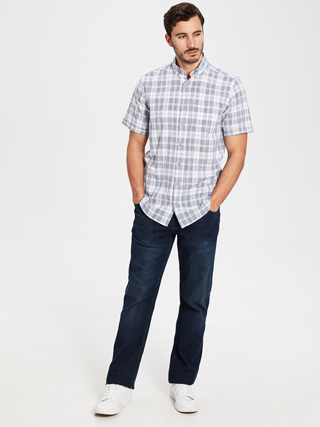 Lacivert Regular Fit Ekose Kısa Kollu Gömlek-4