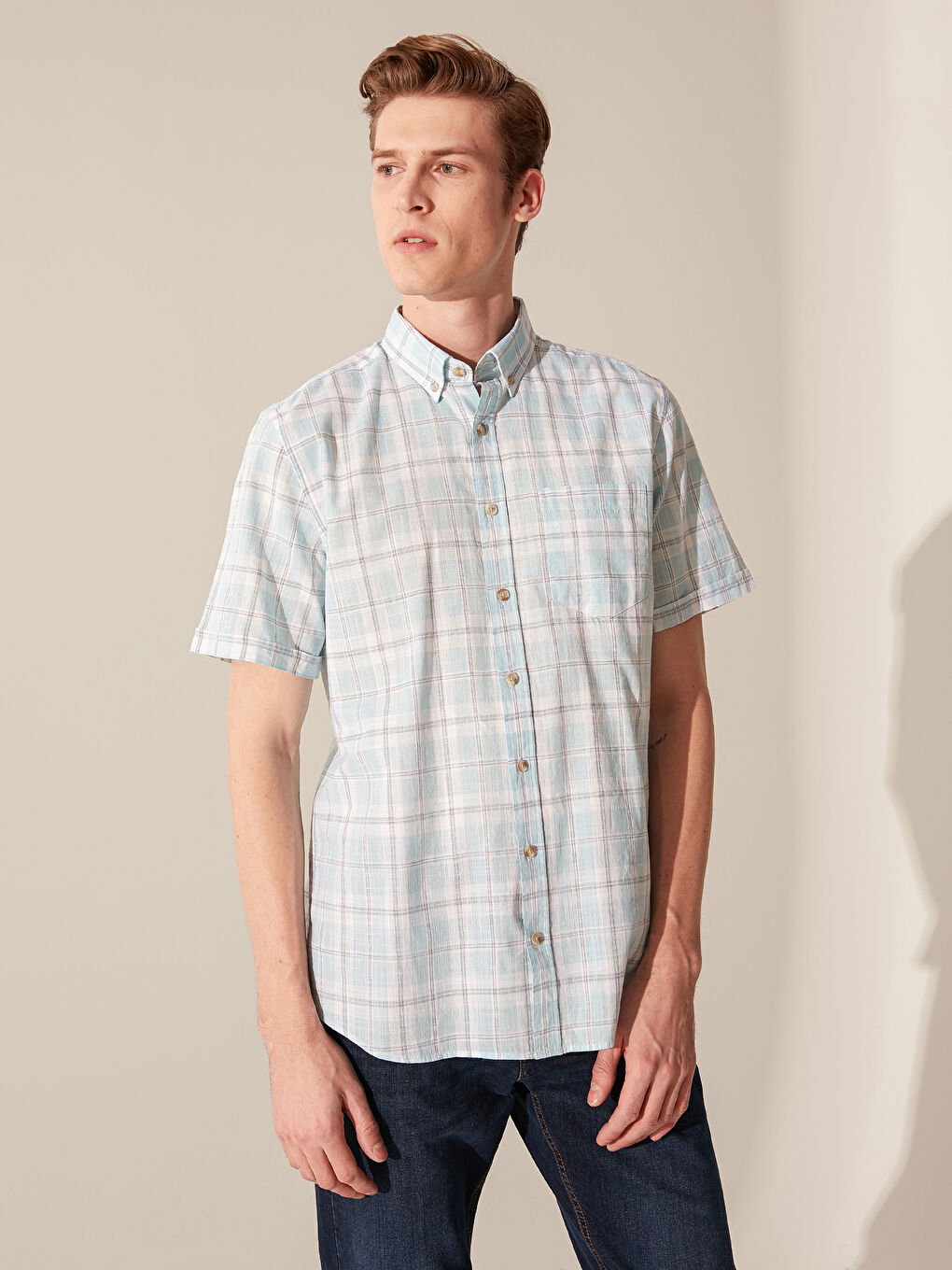 Turkuaz Regular Fit Ekose Kısa Kollu Gömlek