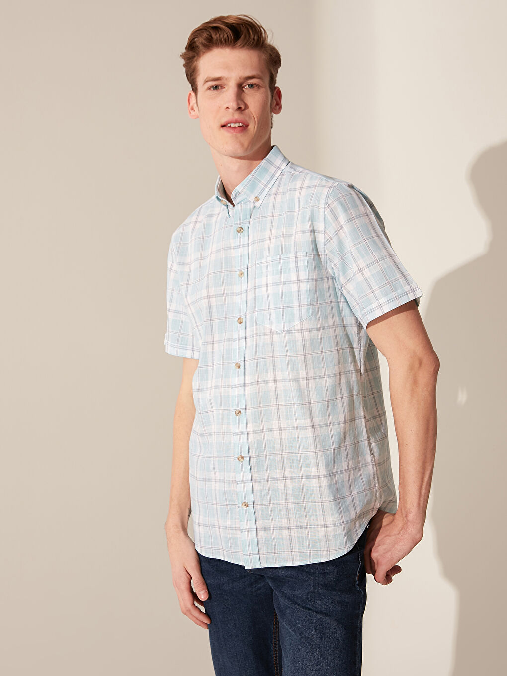 Turkuaz Regular Fit Ekose Kısa Kollu Gömlek-1