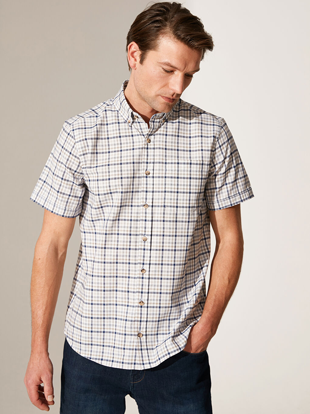 Bej Oxford Erkek Gömlek-1