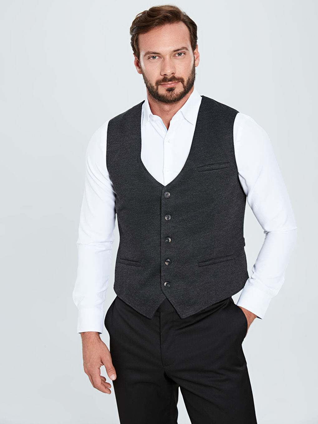 Antrasit Slim Fit Dokulu Erkek Yelek