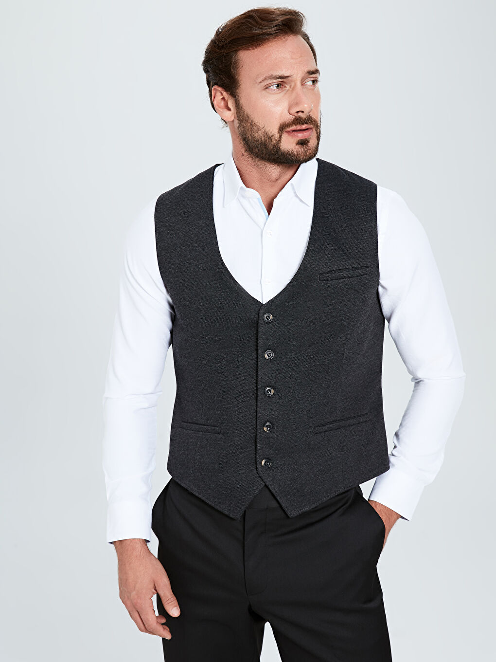 Antrasit Slim Fit Dokulu Erkek Yelek-1