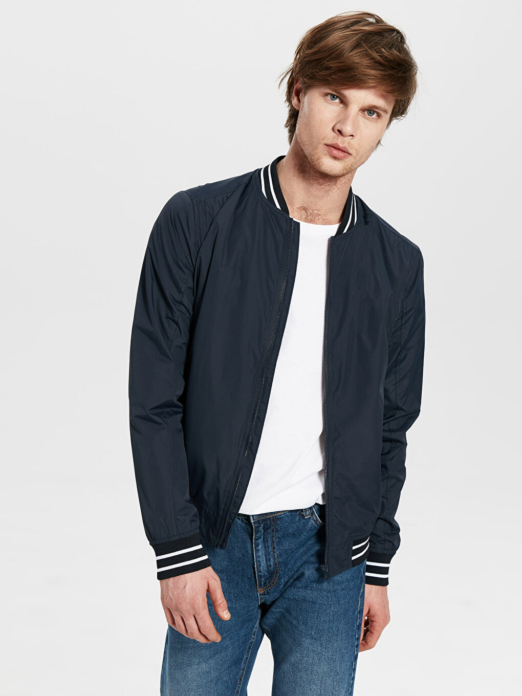 Lacivert Slim Fit Kolej Yaka Bomber İnce Erkek Mont