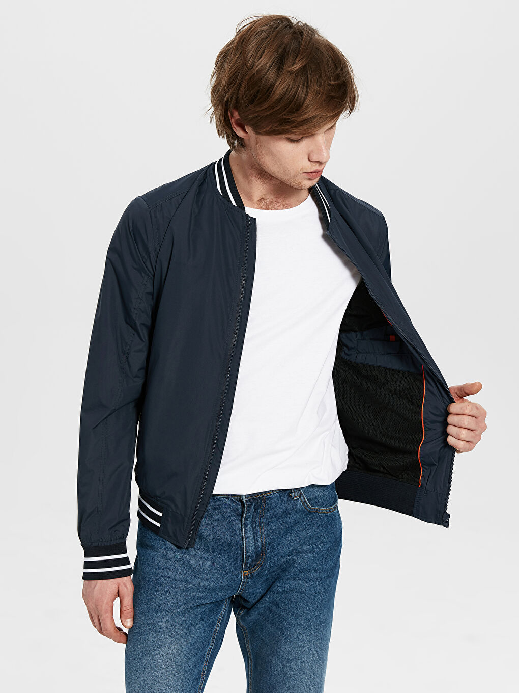 Lacivert Slim Fit Kolej Yaka Bomber İnce Erkek Mont-1