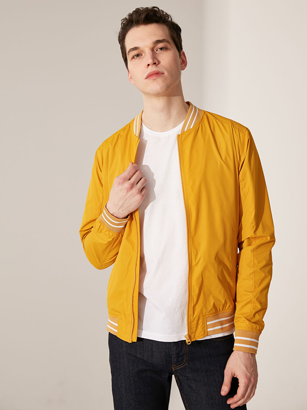 Sarı Slim Fit Kolej Yaka Bomber İnce Erkek Mont