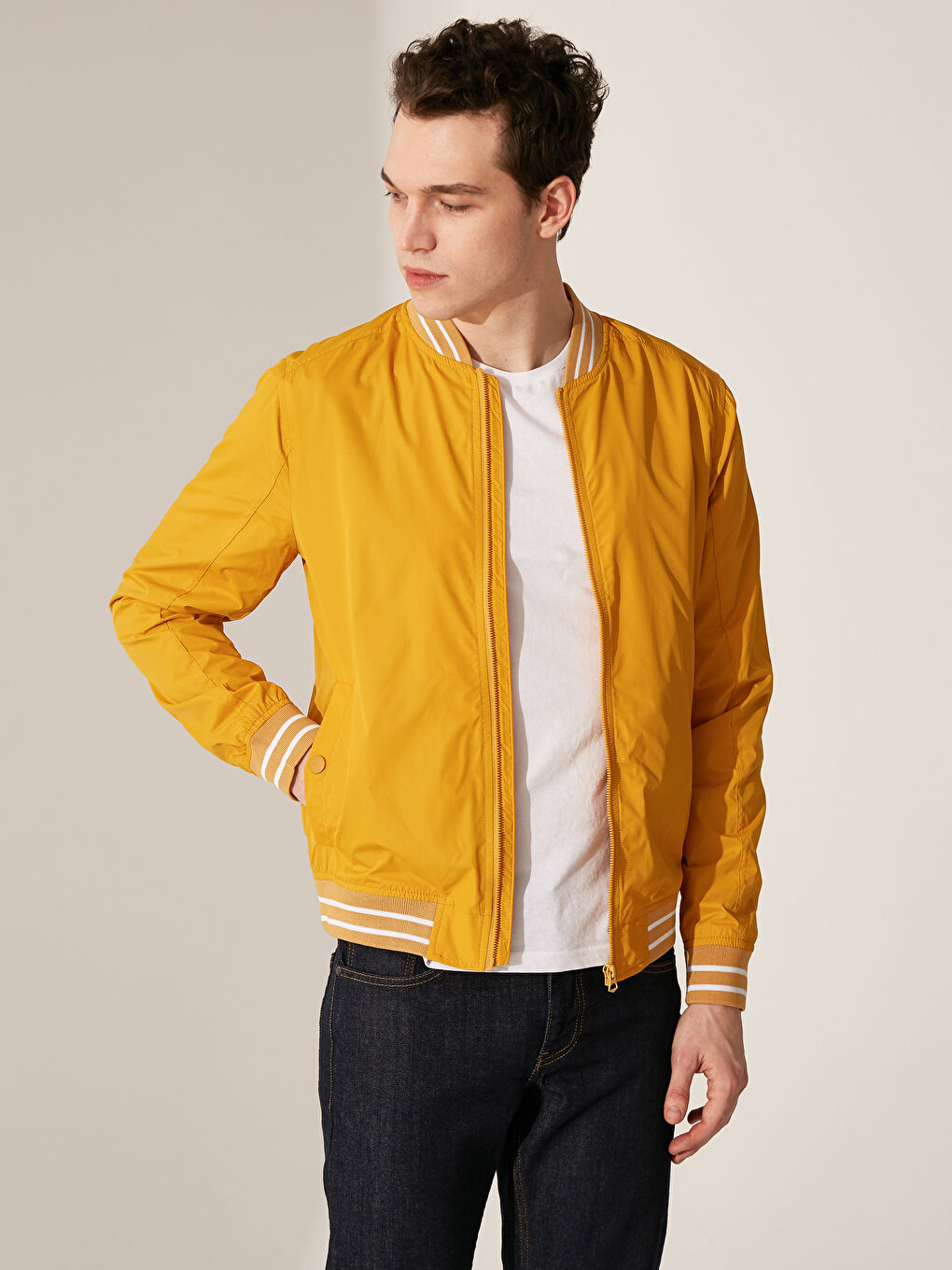 Sarı Slim Fit Kolej Yaka Bomber İnce Erkek Mont-1