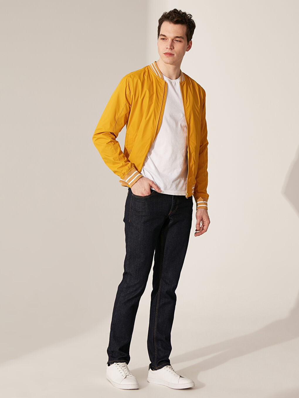 Sarı Slim Fit Kolej Yaka Bomber İnce Erkek Mont-4