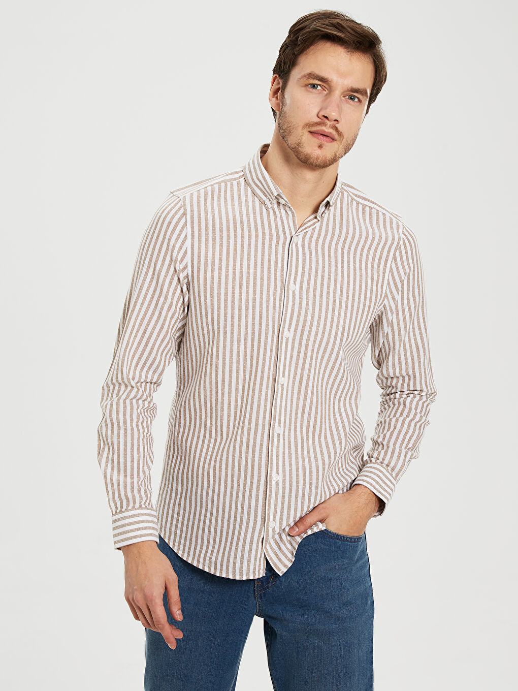 Bej Slim Fit Uzun Kollu Keten Erkek Gömlek-1