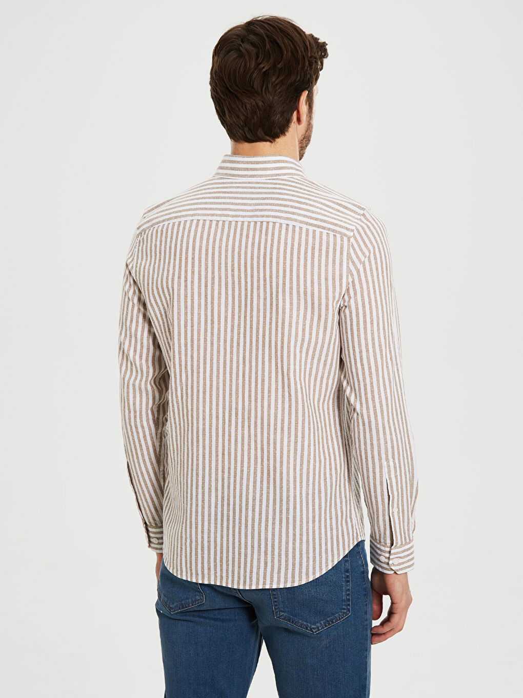 Bej Slim Fit Uzun Kollu Keten Erkek Gömlek-2