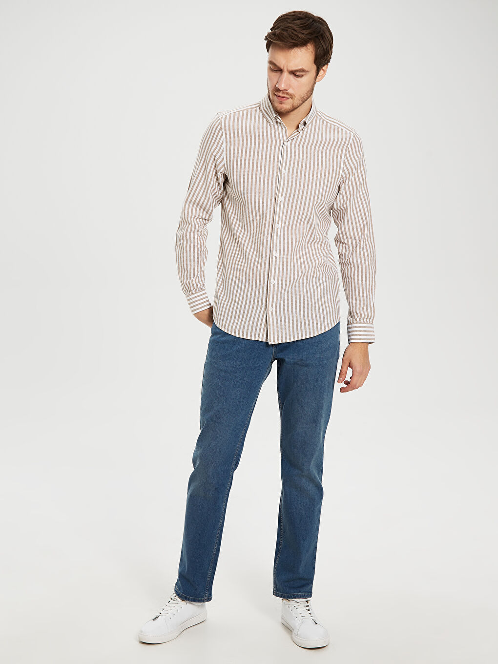 Bej Slim Fit Uzun Kollu Keten Erkek Gömlek-3