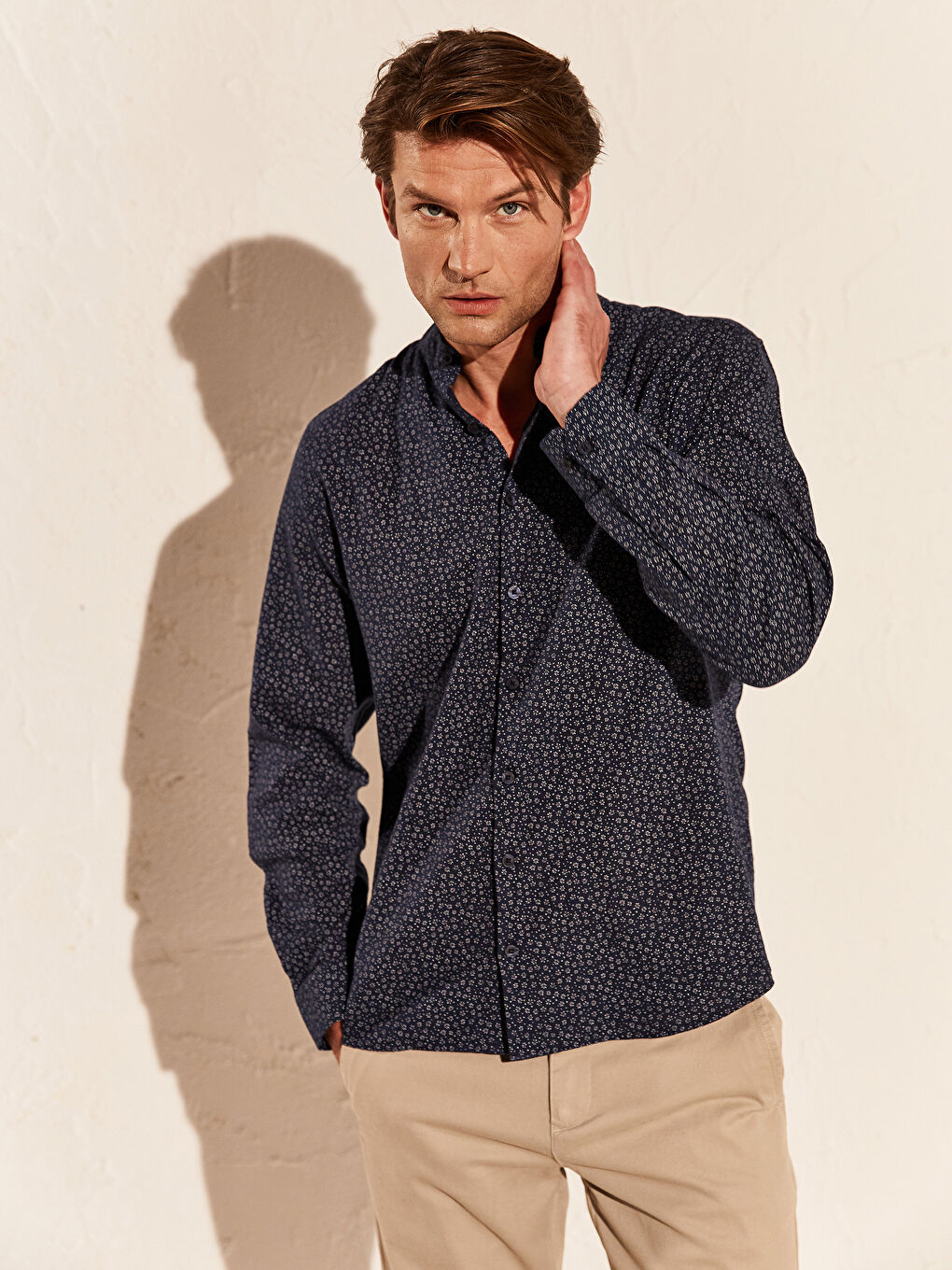 Lacivert Slim Fit Desenli Uzun Kollu Gömlek