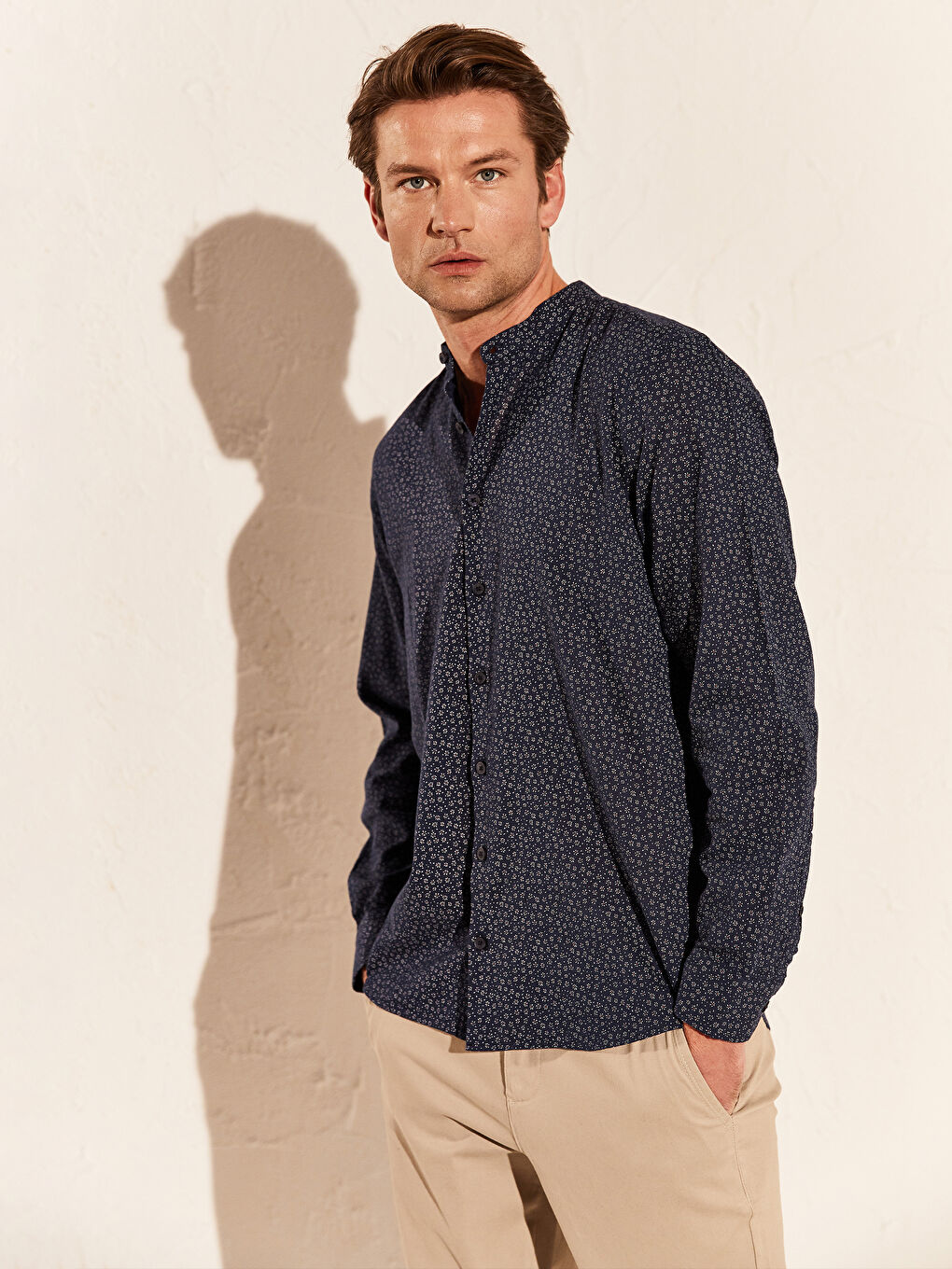 Lacivert Slim Fit Desenli Uzun Kollu Gömlek-1