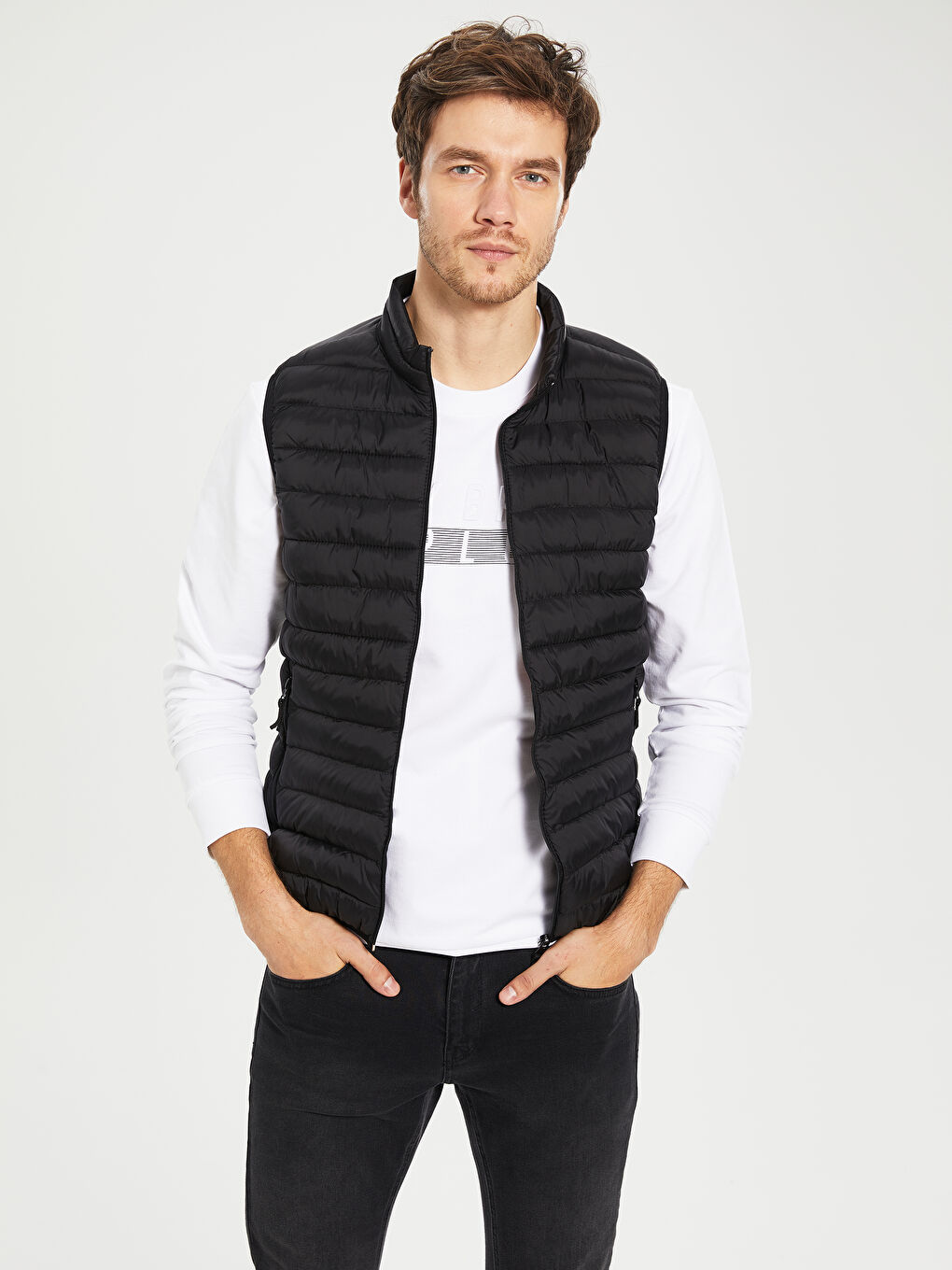 Siyah Standart Kalıp Dik Yaka Erkek Yelek