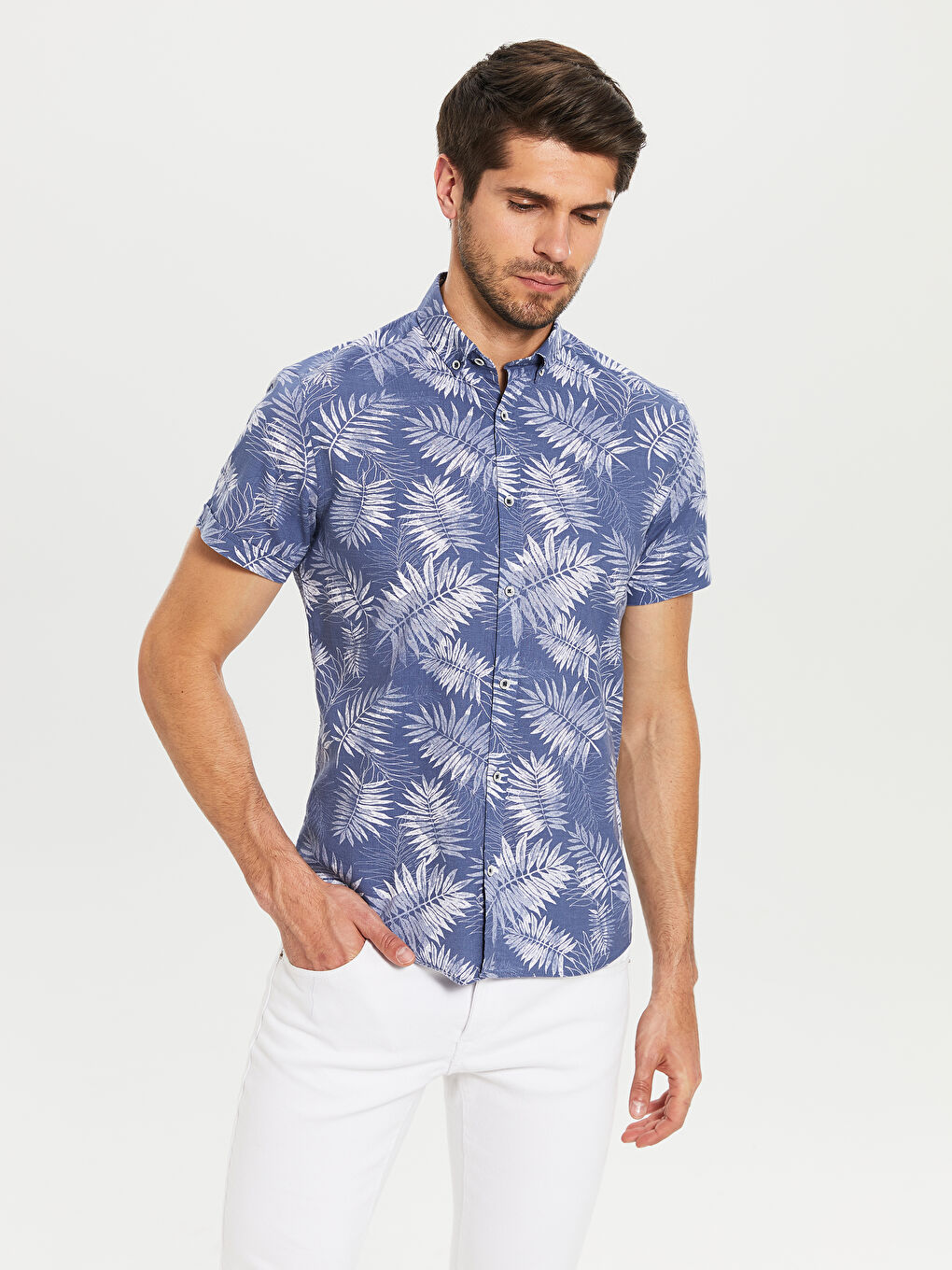 İndigo Slim Fit Desenli Kısa Kollu Gömlek
