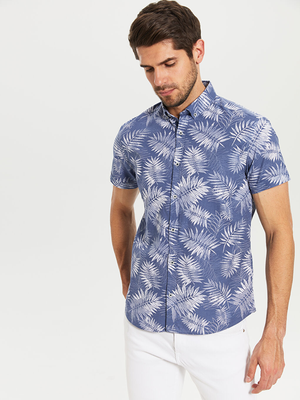 İndigo Slim Fit Desenli Kısa Kollu Gömlek-1