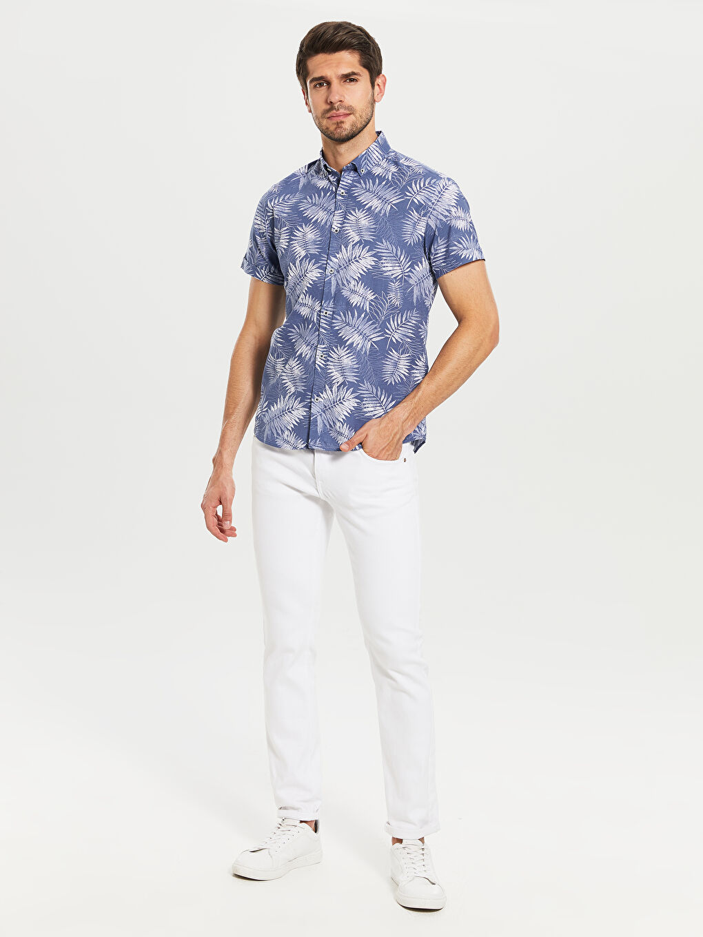 İndigo Slim Fit Desenli Kısa Kollu Gömlek-2