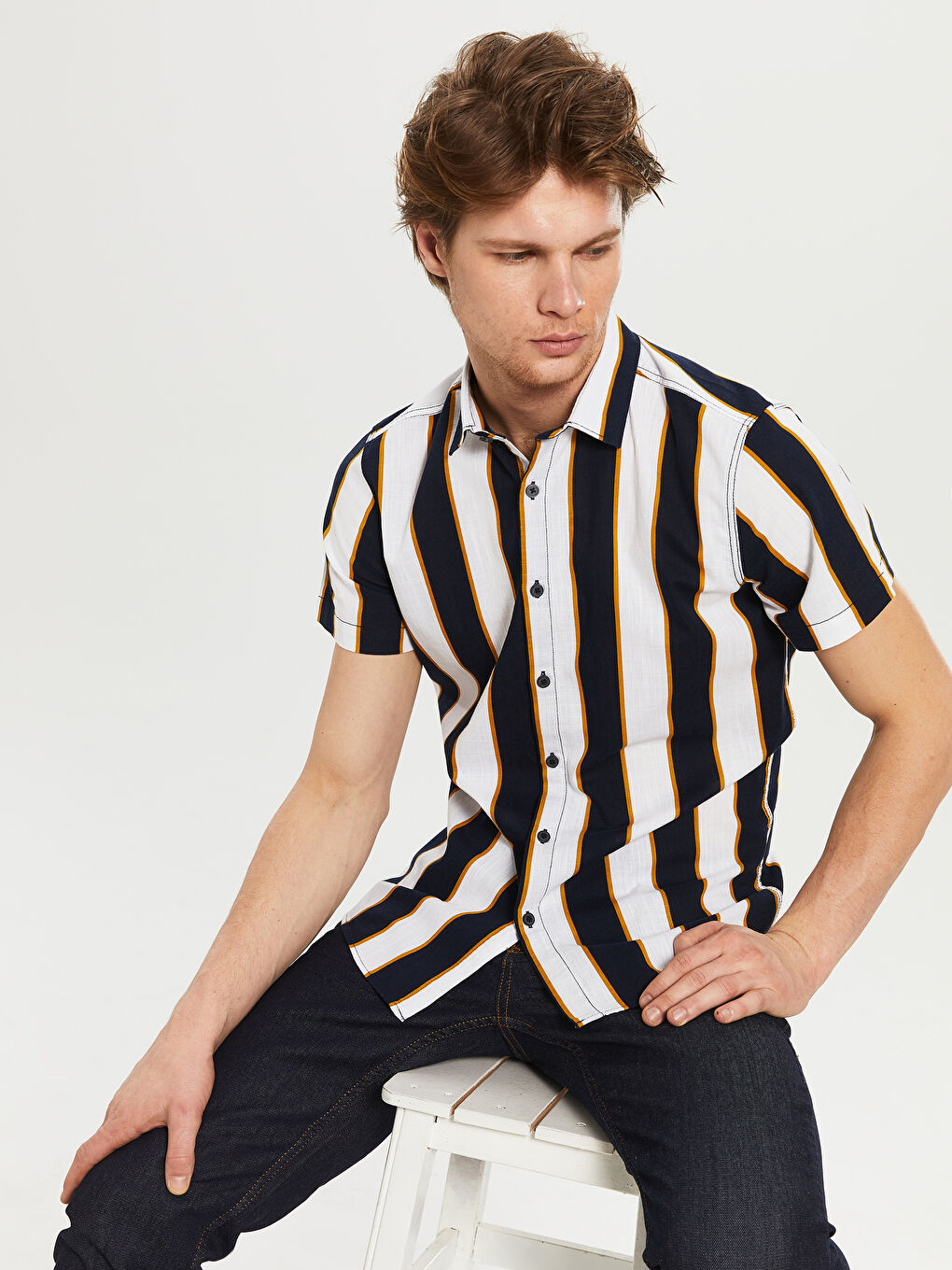 Lacivert Ekstra Slim Fit Uzun Kollu Çizgili Erkek Gömlek