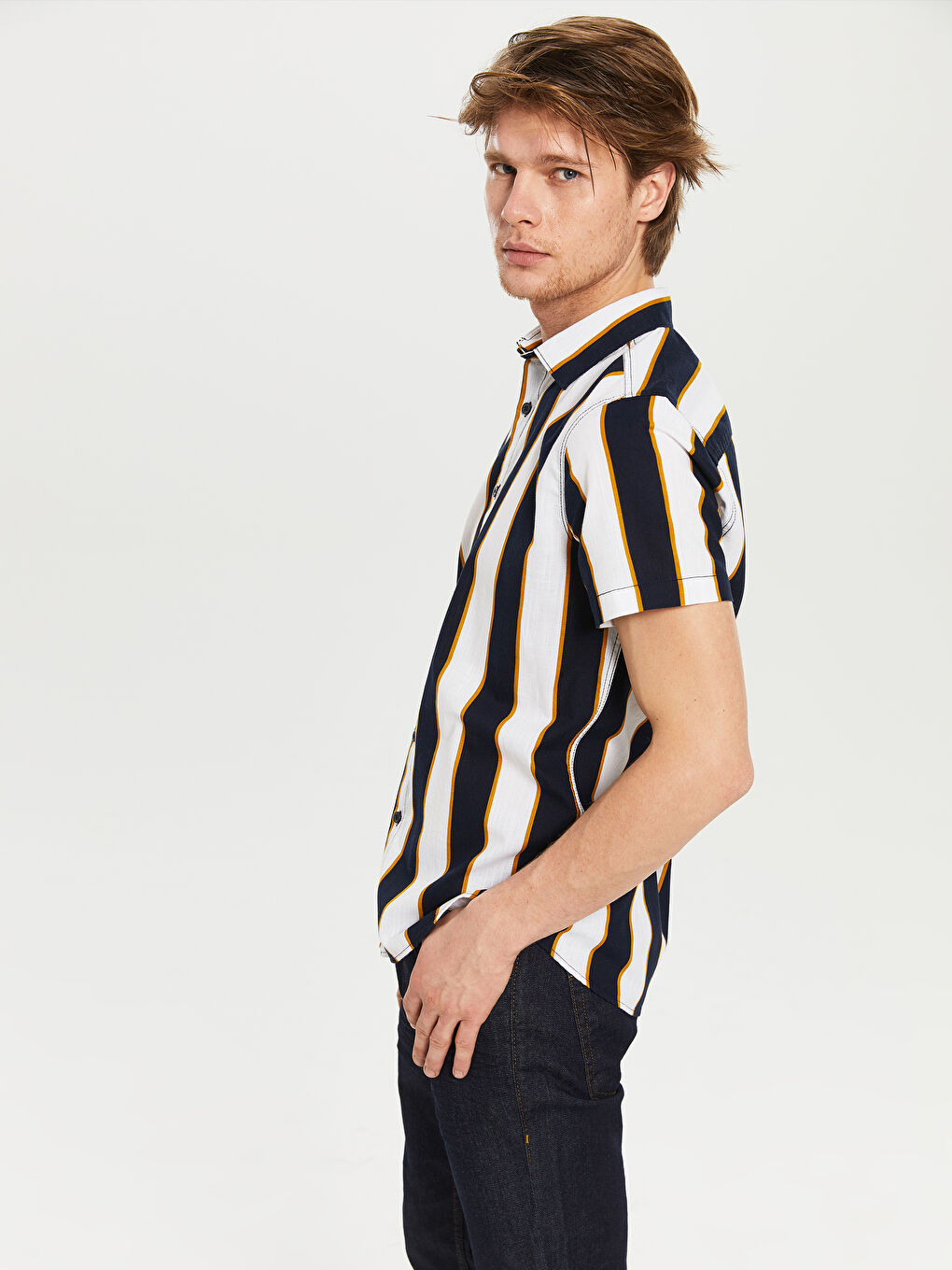 Lacivert Ekstra Slim Fit Uzun Kollu Çizgili Erkek Gömlek-3