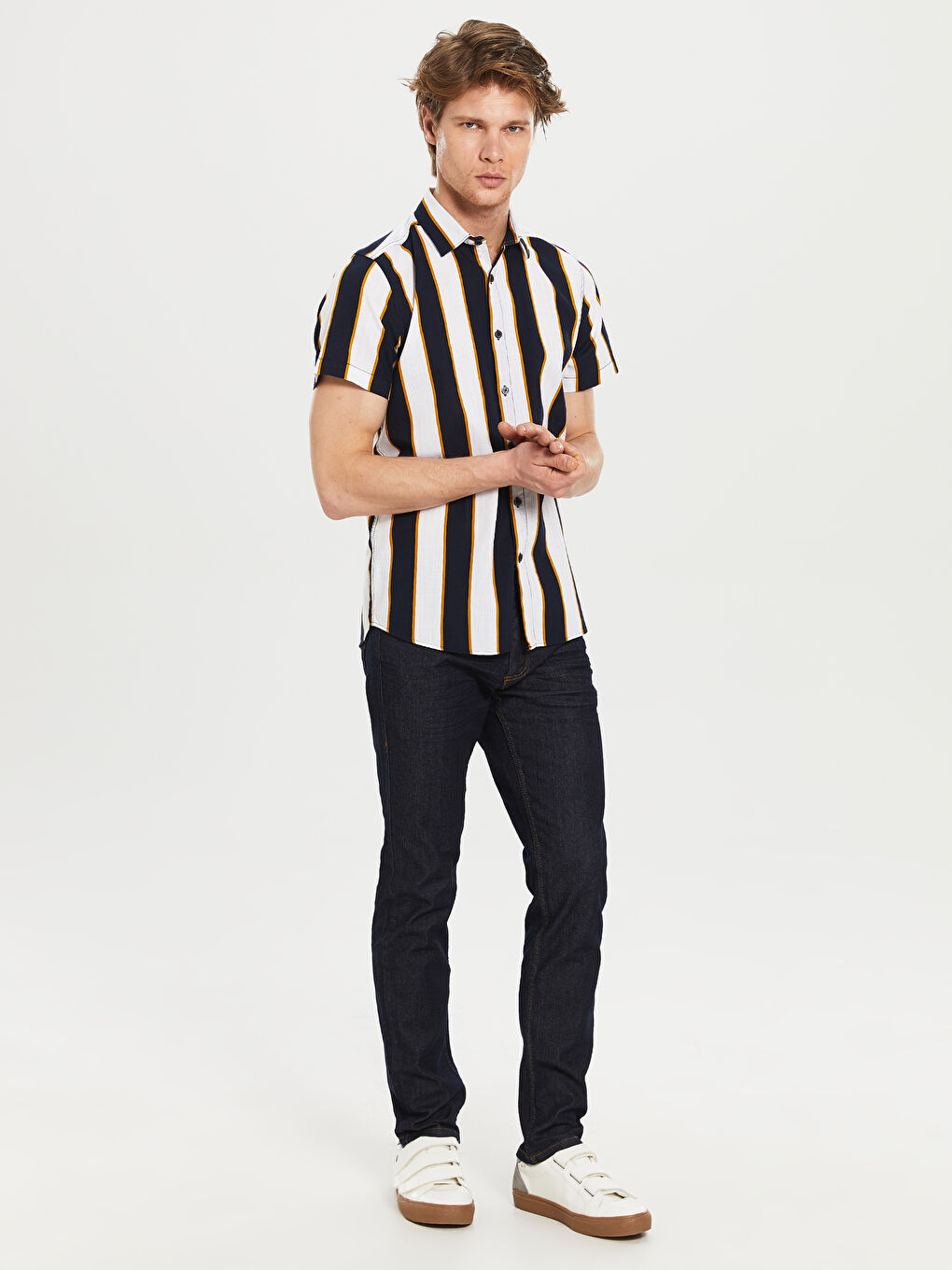 Lacivert Ekstra Slim Fit Uzun Kollu Çizgili Erkek Gömlek-5