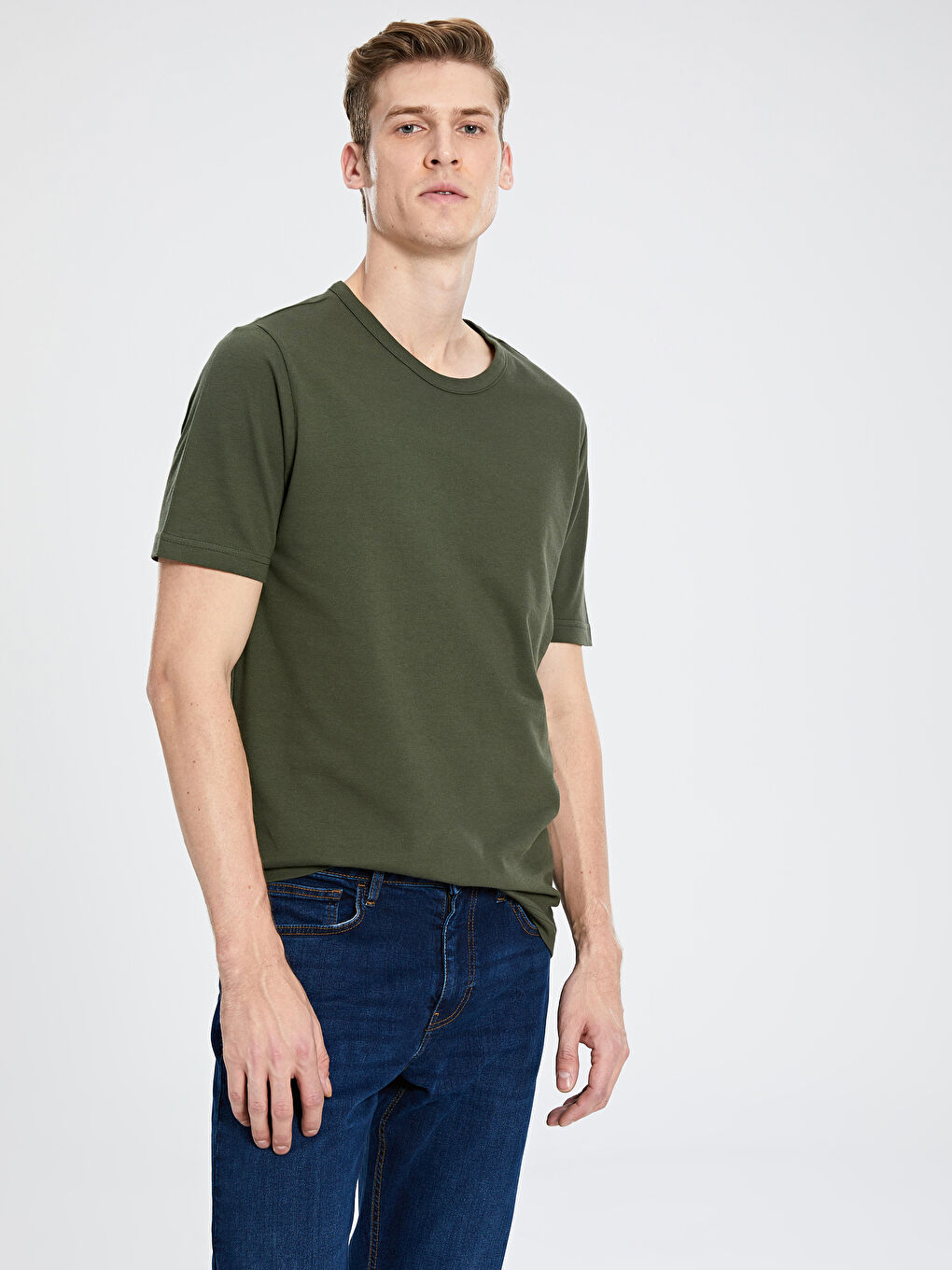 Yeşil Bisiklet Yaka Kısa Kollu Basic Tişört-1