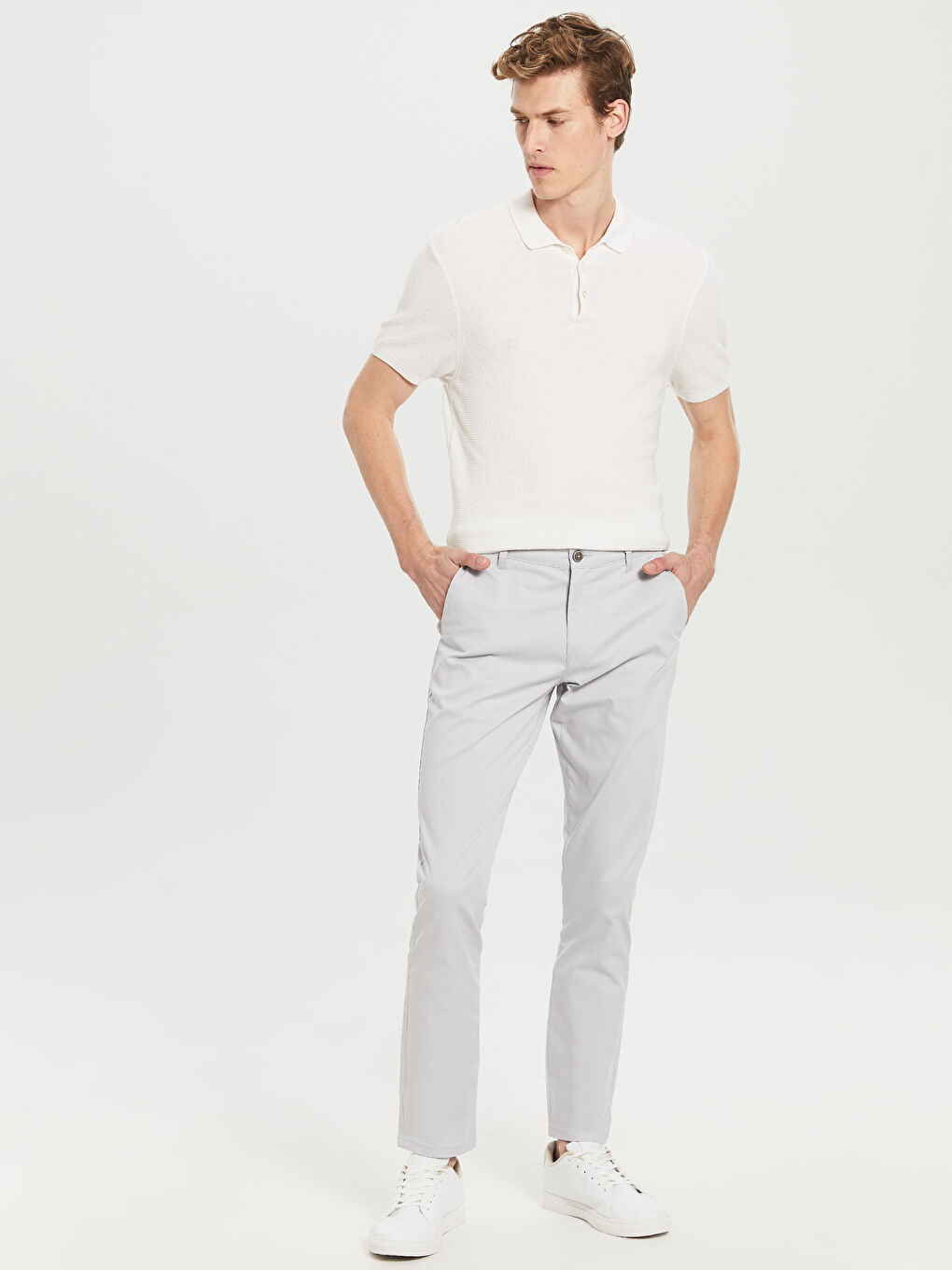 Gri Dar Kalıp Gabardin Chino Pantolon-2