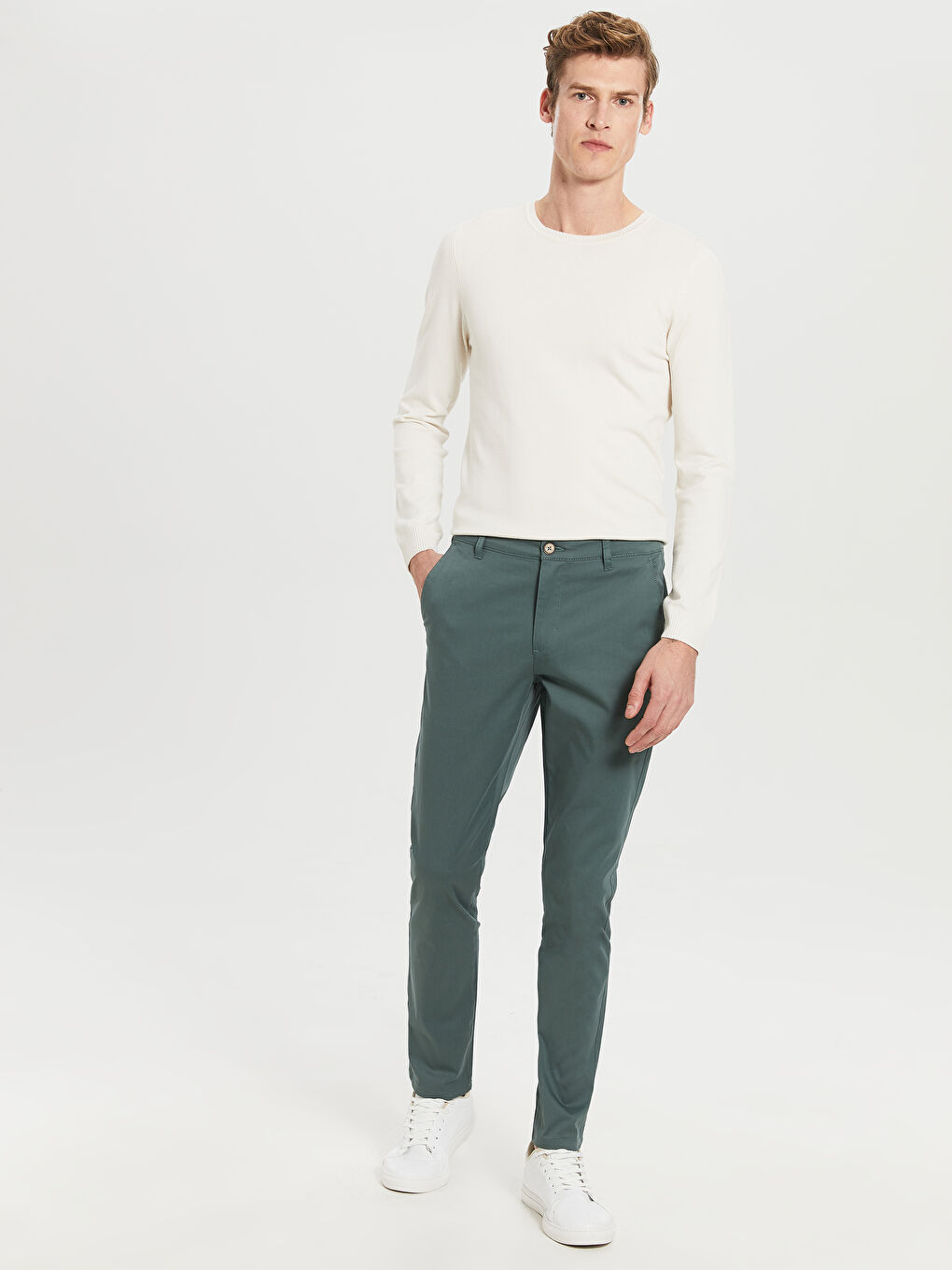 Yeşil Dar Kalıp Gabardin Chino Pantolon