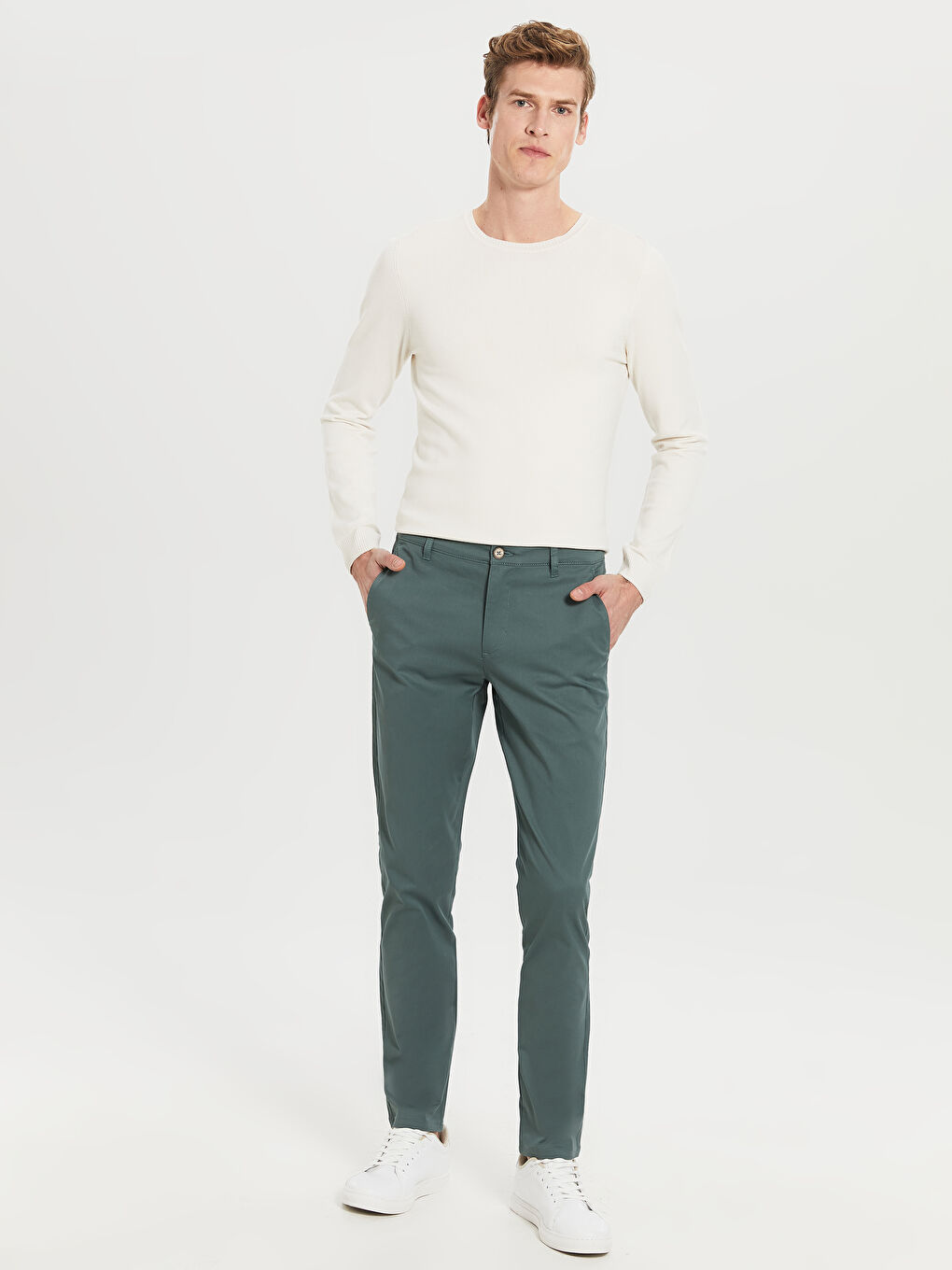 Yeşil Dar Kalıp Gabardin Chino Pantolon-2