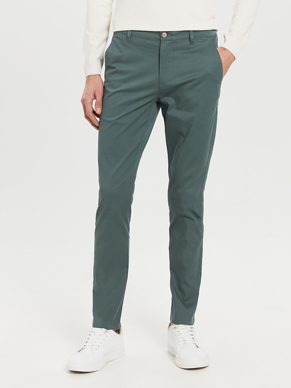 Yeşil Dar Kalıp Gabardin Chino Pantolon-3