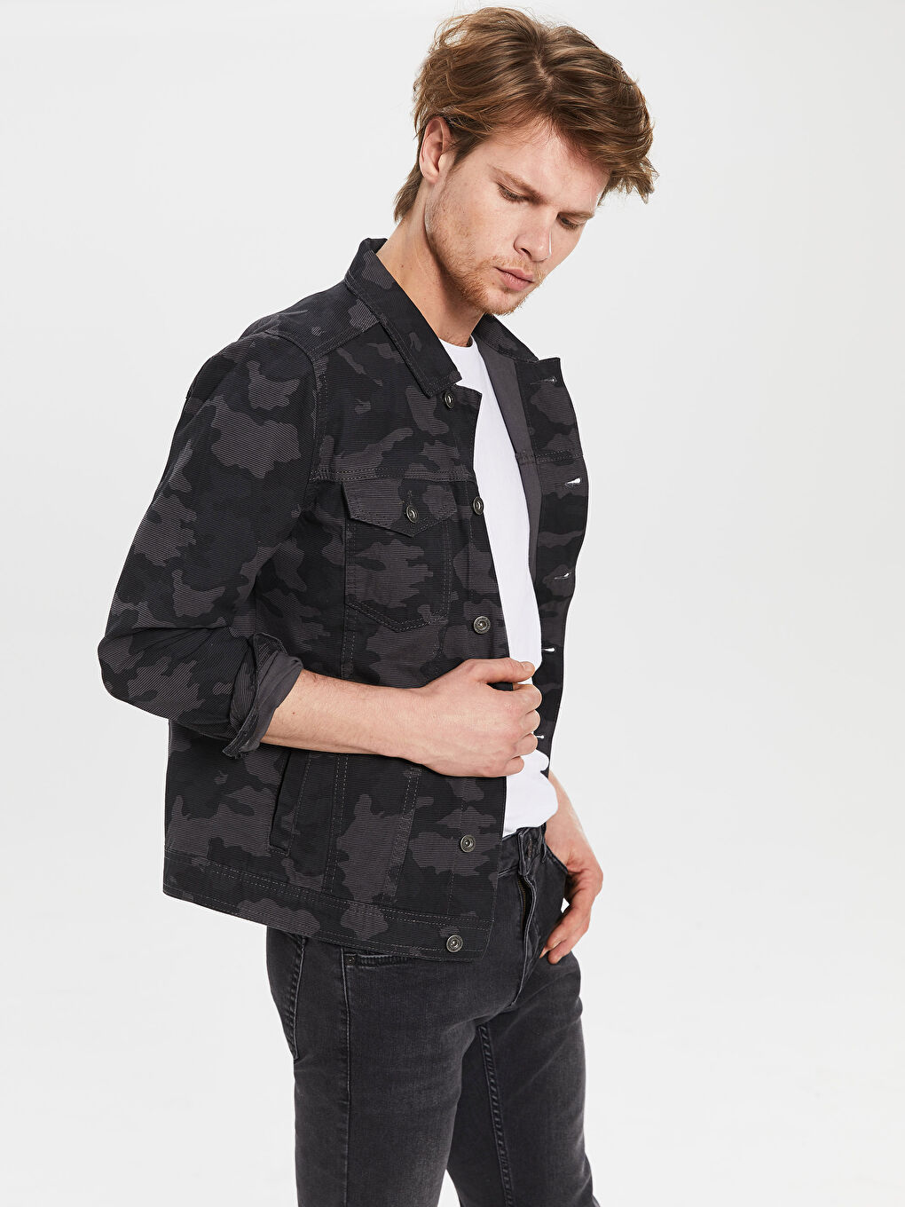 Antrasit Slim Fit Kamuflaj Desenli Ceket