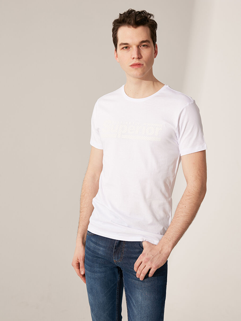 Beyaz Penye Erkek Tişört-1