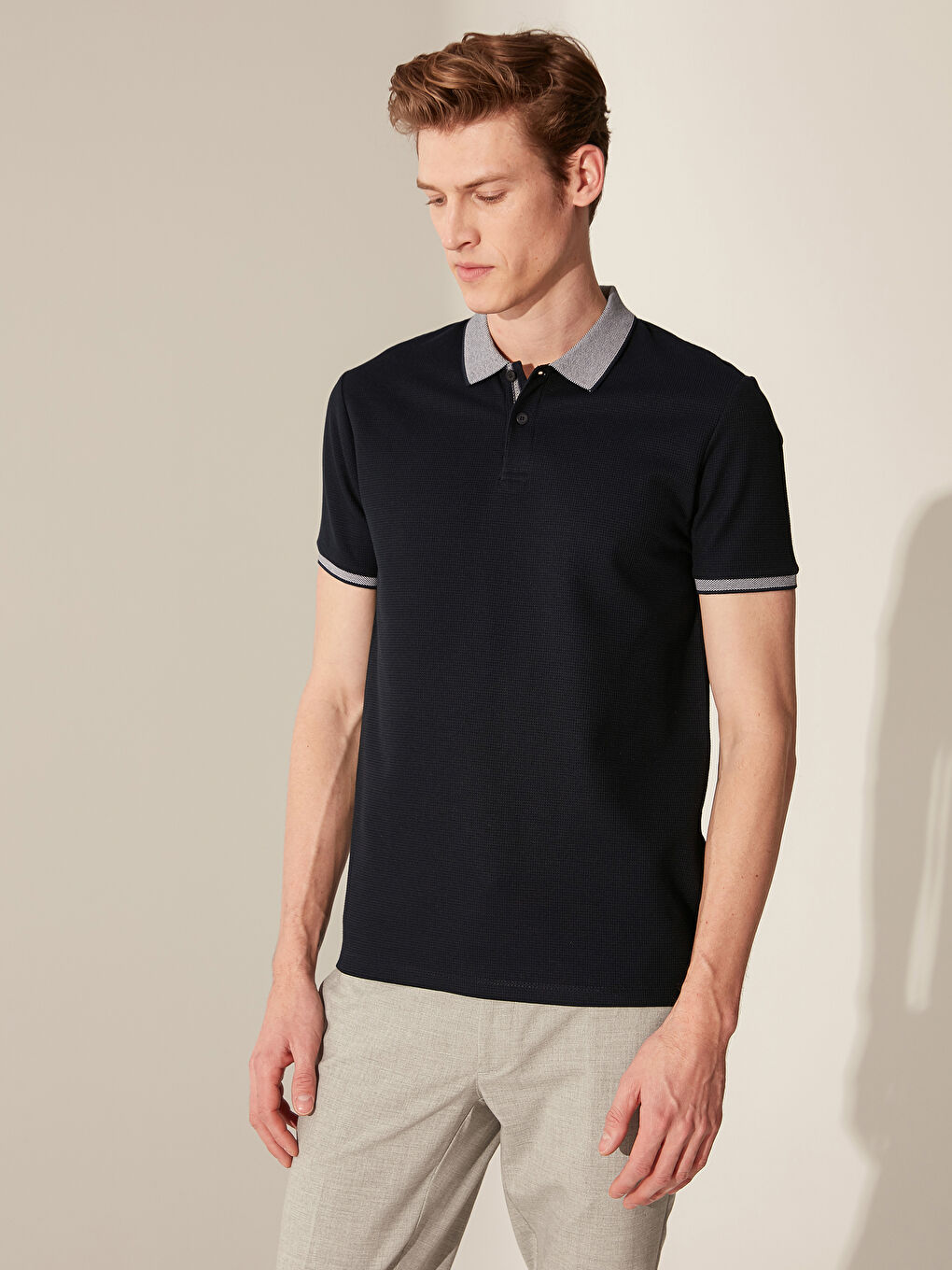 Lacivert Slim Fit Polo Yaka Kısa Kollu Jakarlı Tişört