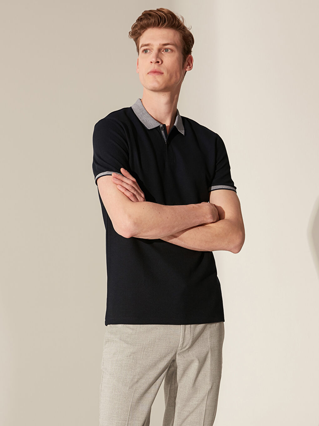 Lacivert Slim Fit Polo Yaka Kısa Kollu Jakarlı Tişört-1