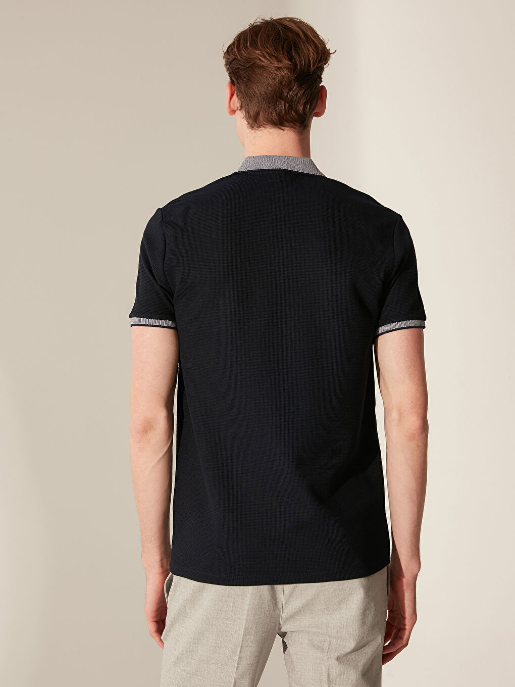 Lacivert Slim Fit Polo Yaka Kısa Kollu Jakarlı Tişört-2