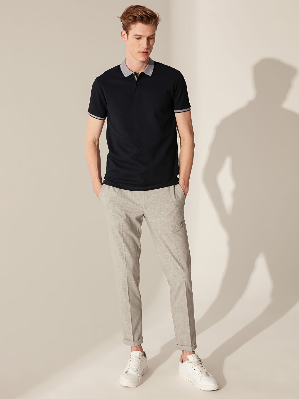 Lacivert Slim Fit Polo Yaka Kısa Kollu Jakarlı Tişört-3