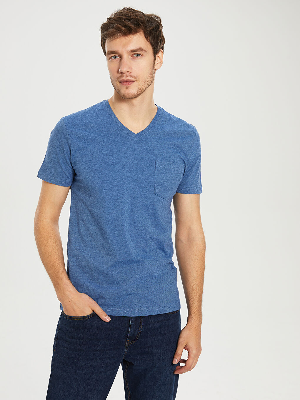 Lacivert V Yaka Kısa Kollu Basic Penye Erkek Tişört
