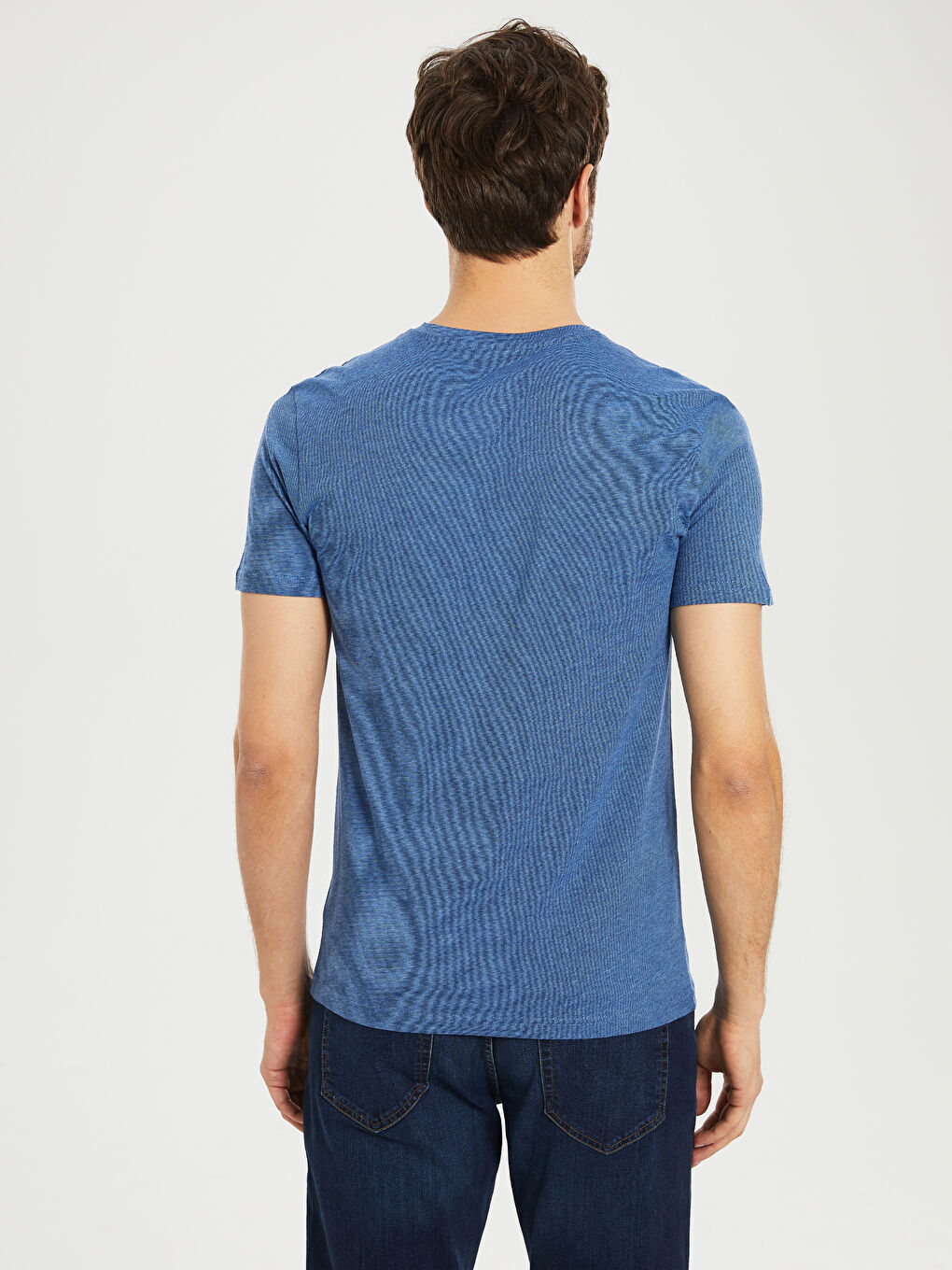 Lacivert V Yaka Kısa Kollu Basic Penye Erkek Tişört-2