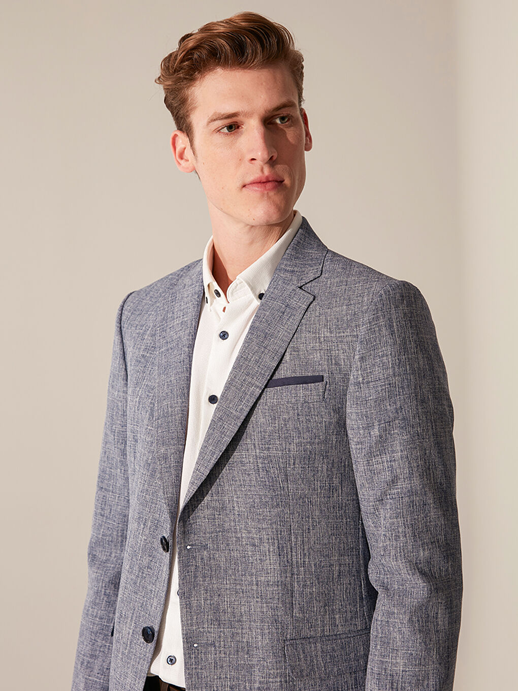 Lacivert Dar Kalıp Dokulu Erkek Blazer Ceket-1