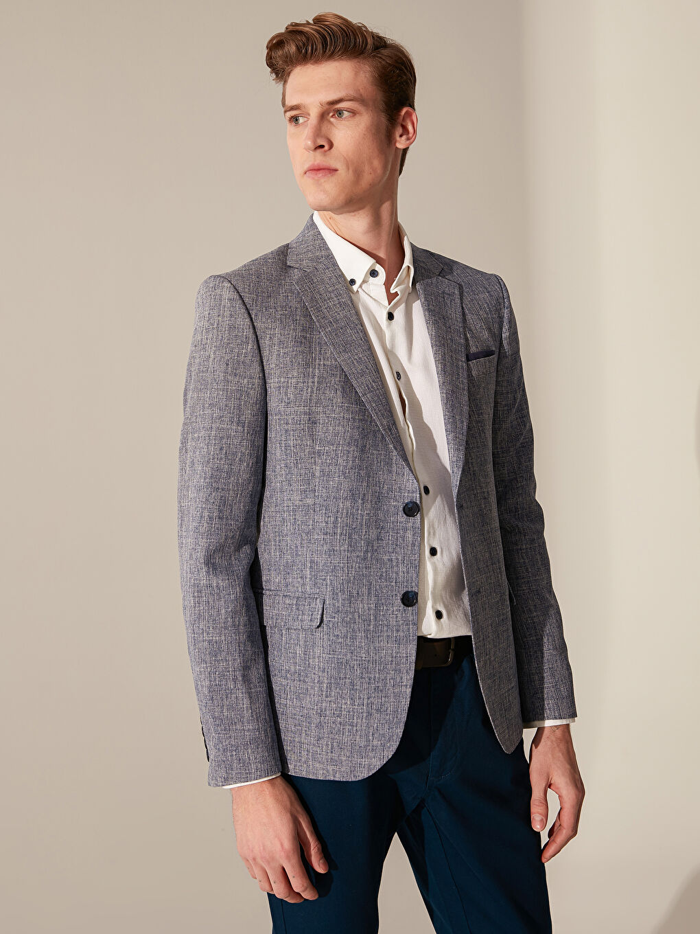 Lacivert Dar Kalıp Dokulu Erkek Blazer Ceket-2