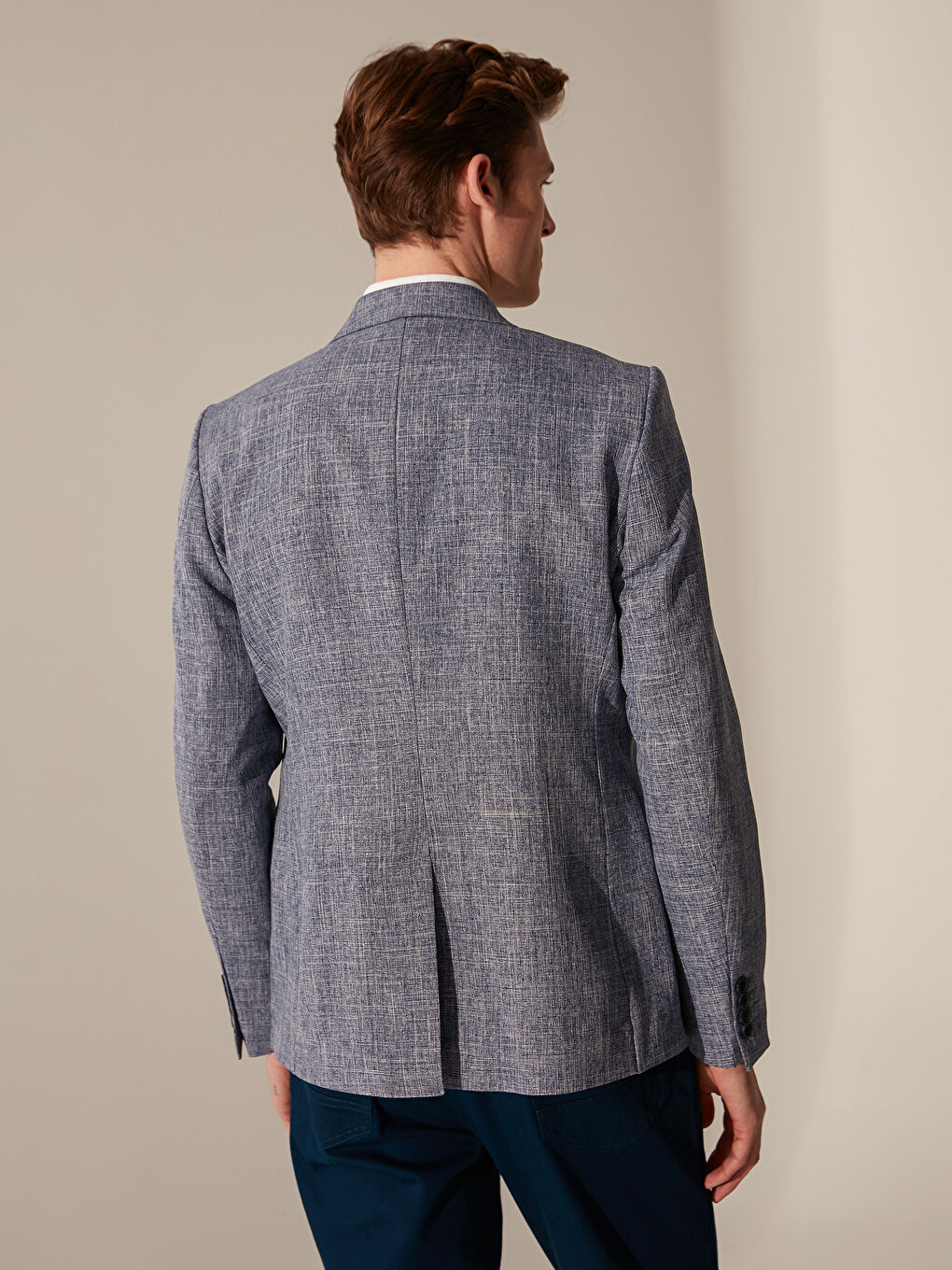 Lacivert Dar Kalıp Dokulu Erkek Blazer Ceket-3