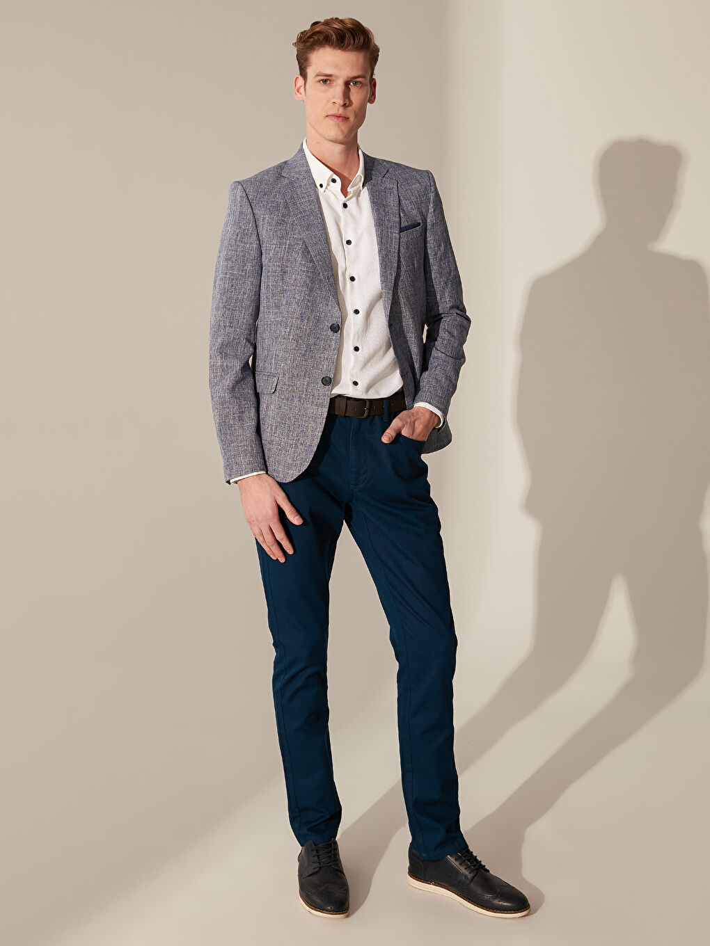 Lacivert Dar Kalıp Dokulu Erkek Blazer Ceket-4