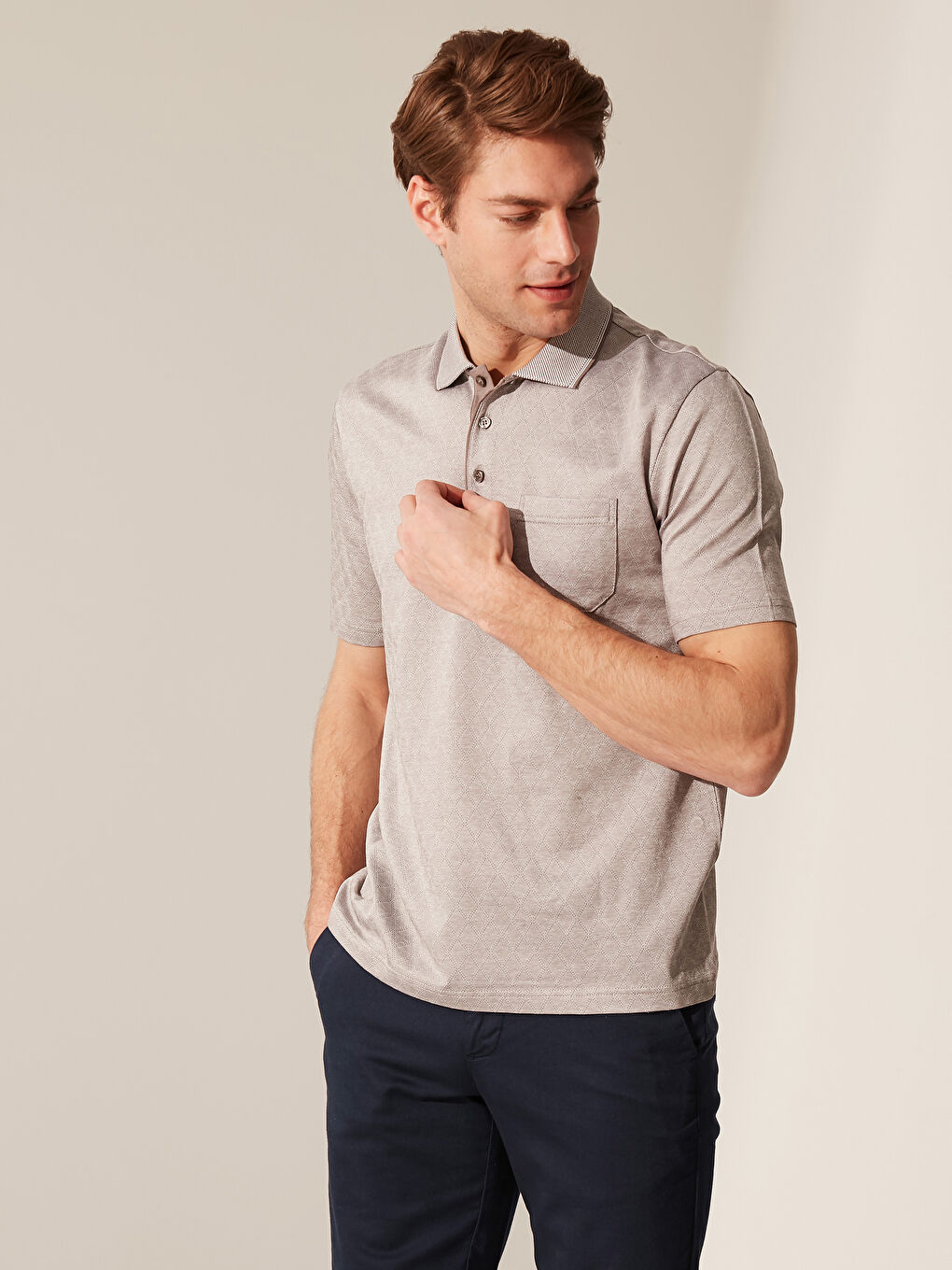 Bej Merserize Polo Yaka Kısa Kollu Erkek Tişört