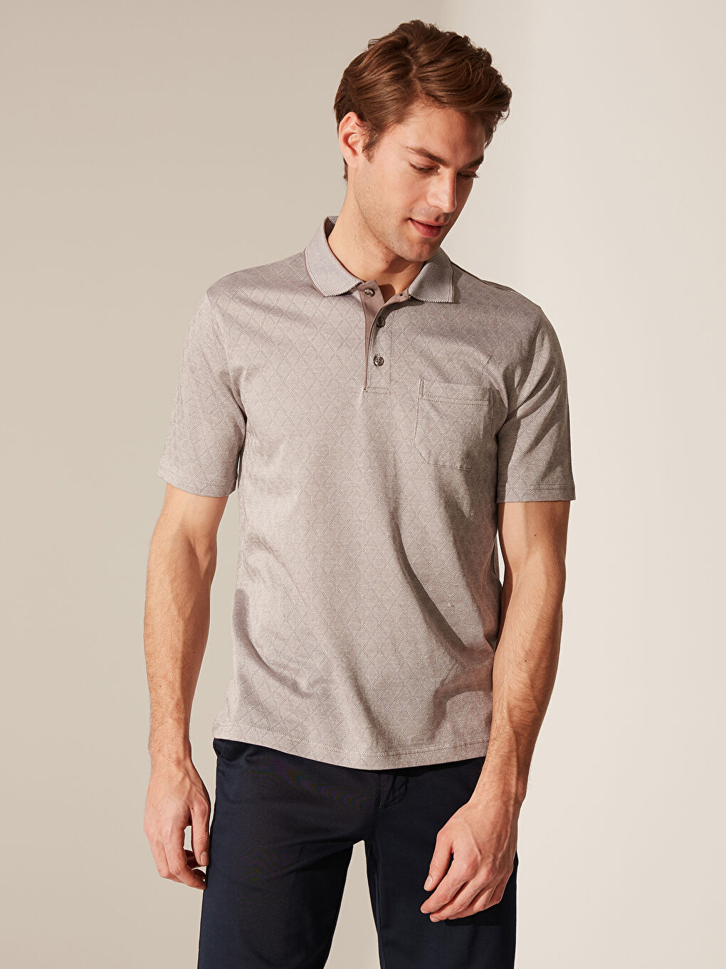 Bej Merserize Polo Yaka Kısa Kollu Erkek Tişört-1