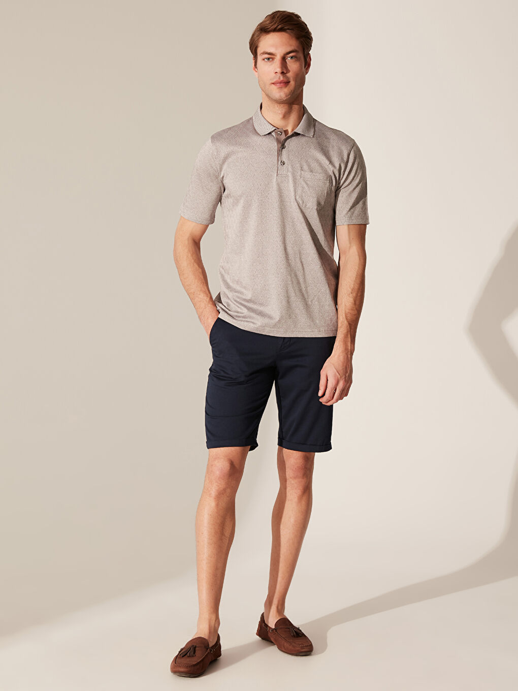 Bej Merserize Polo Yaka Kısa Kollu Erkek Tişört-3